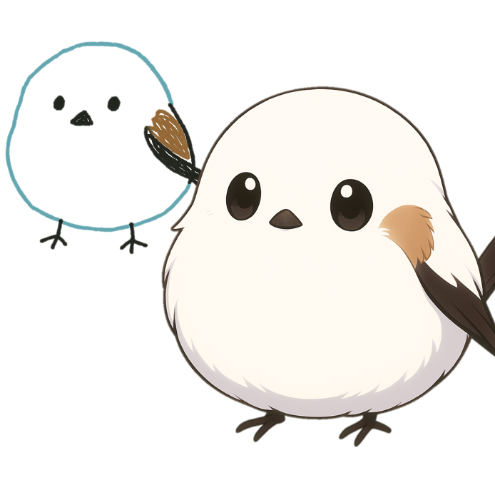 手書きの鳥とAIで美しく仕上げた鳥のキャラクター